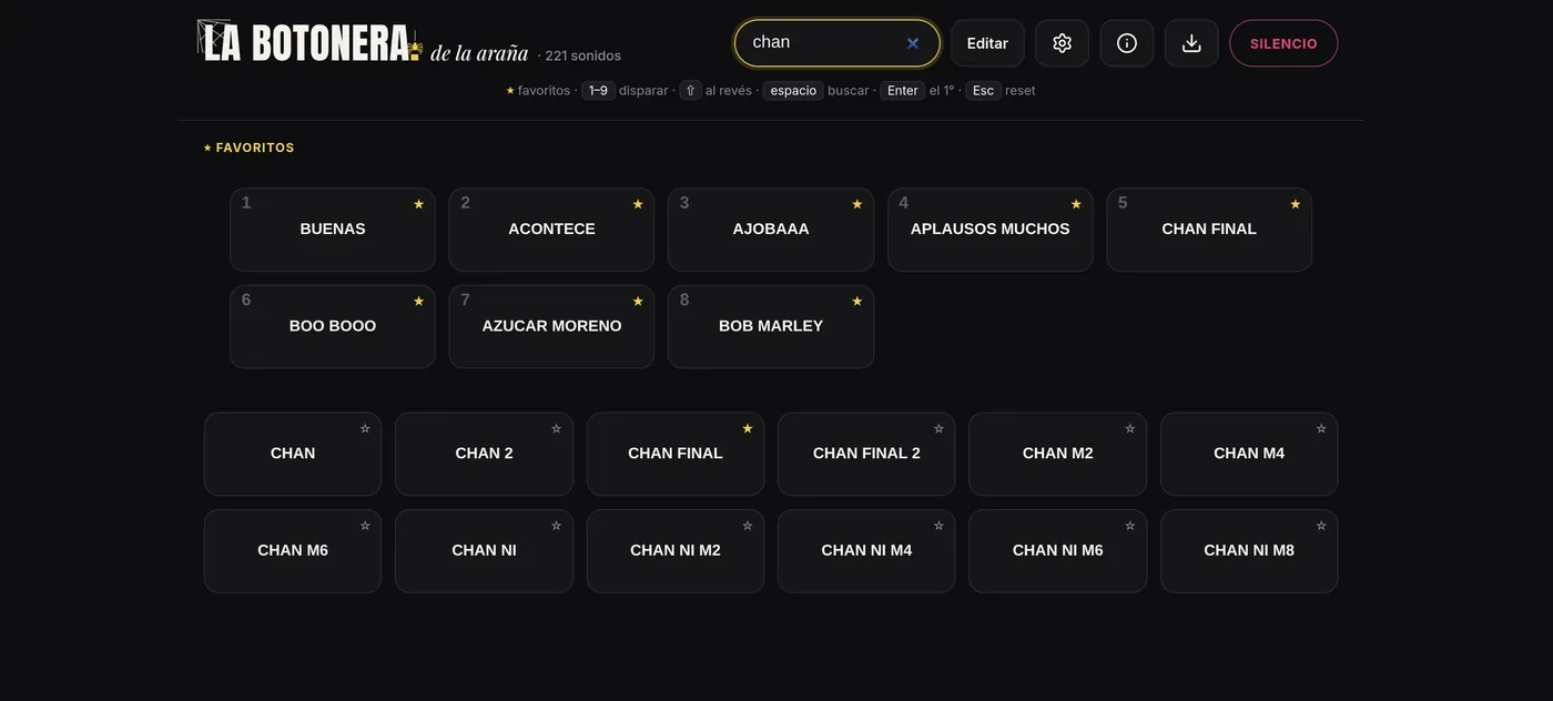 La Botonera de la Araña: grilla de botones de sonido con favoritos