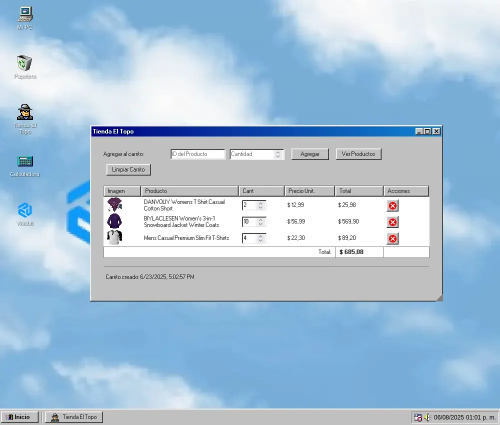 Vista del escritorio Windows 98 con carrito de compras abierto
