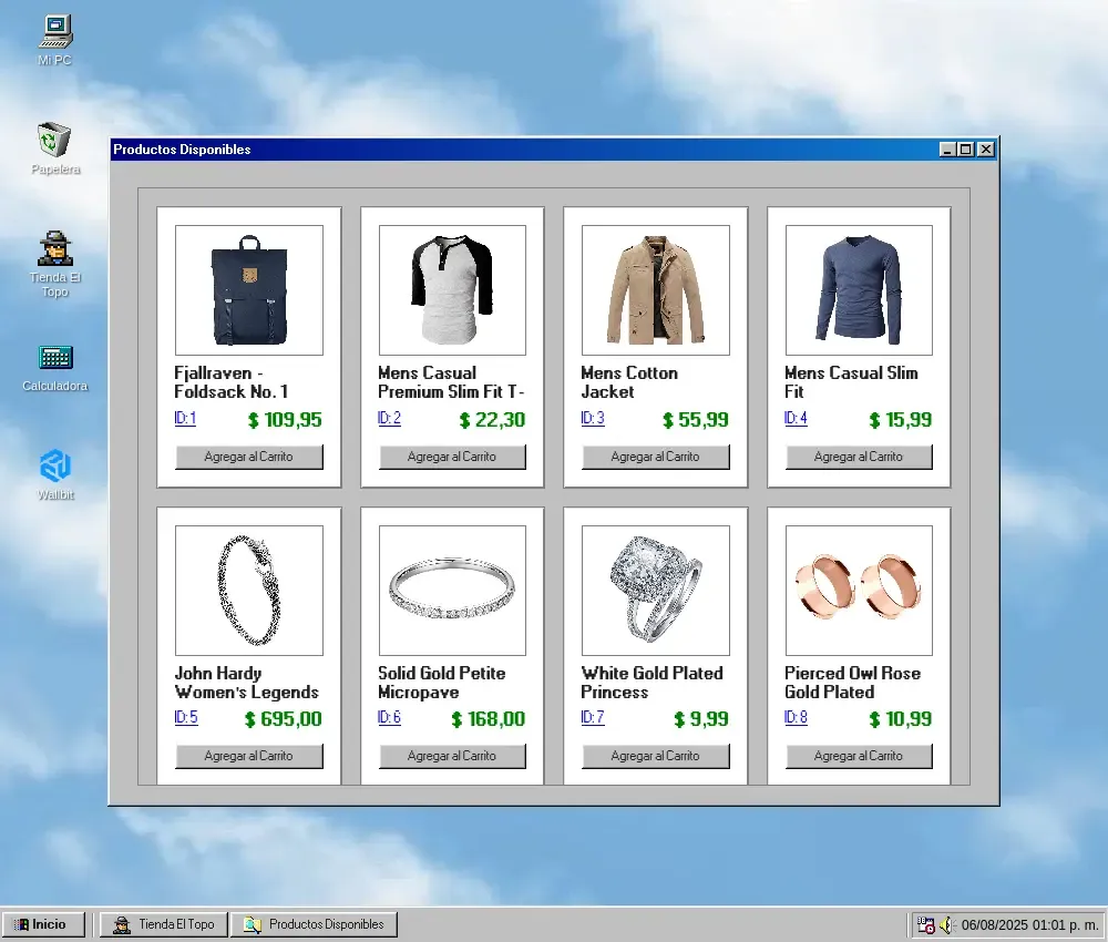Catálogo de productos en ventana del sistema Windows 98