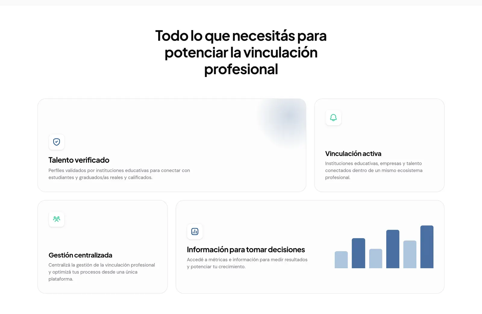 Funcionalidades: talento verificado, vinculación activa, gestión centralizada y métricas