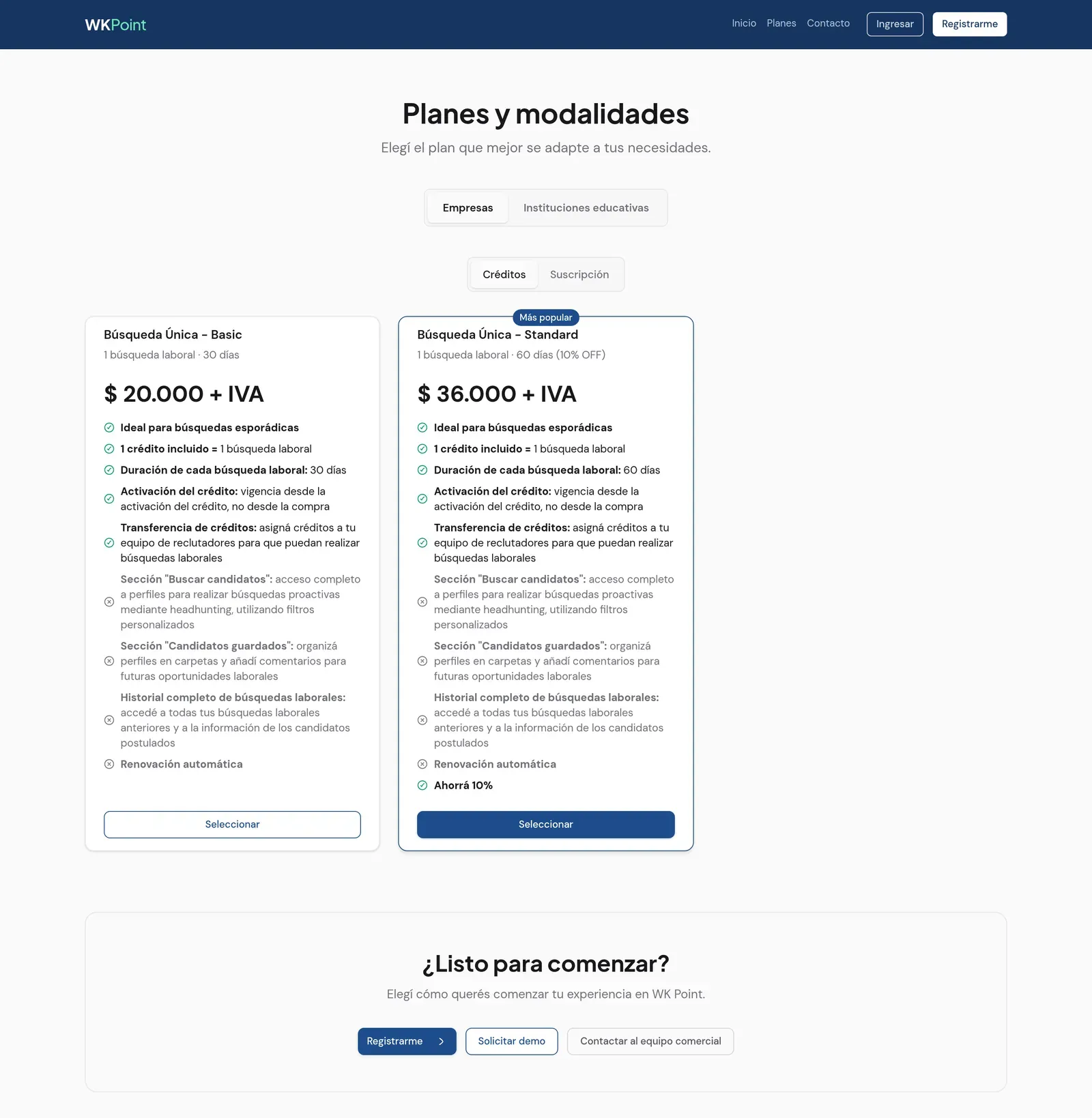 Planes para empresas con créditos o suscripción