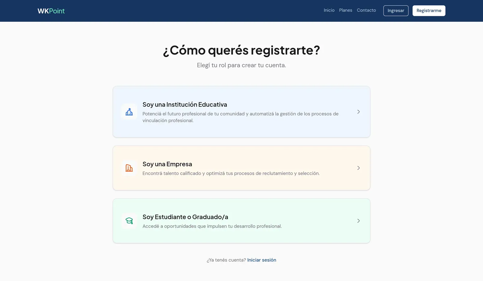 Registro con elección de rol: institución, empresa o estudiante